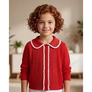 Janie and Jack Cardigan Sweater Kids 6 Red Scalloped Cable Knit Cotton Sharin